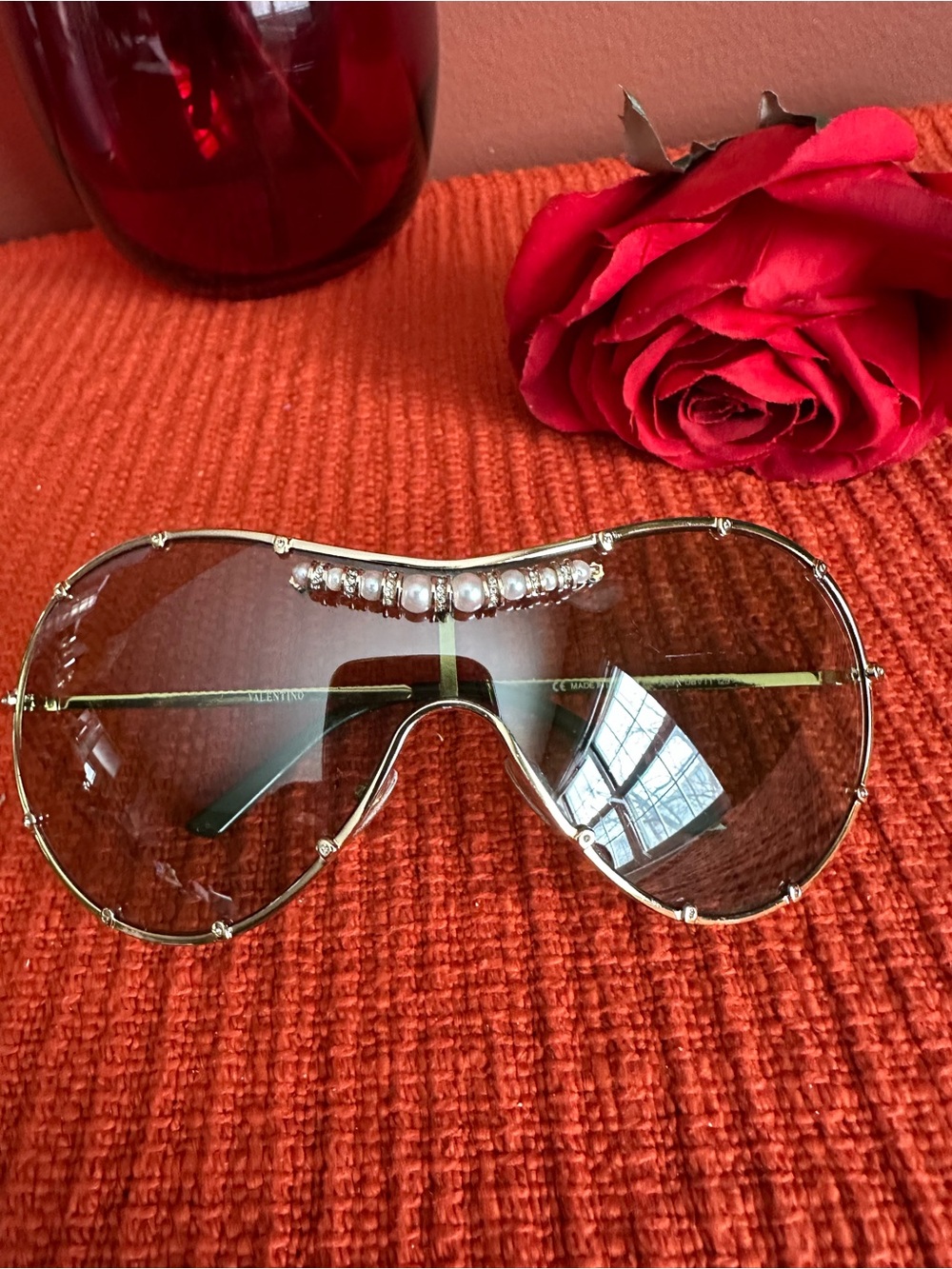 Vintage Authentic Valentino Women's Gradient Shield Sunglasses with Pearl Accent